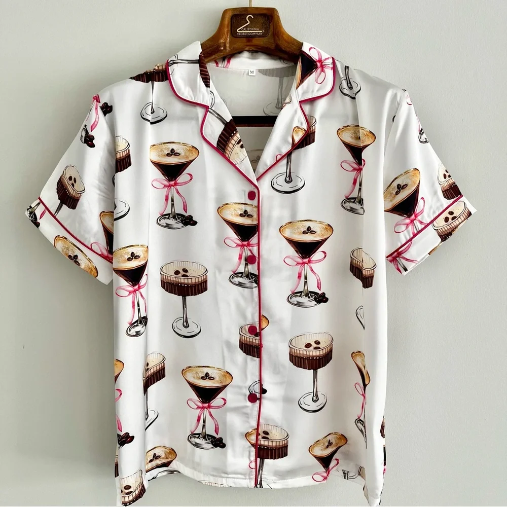 White Espresso Martini Cocktail Print Short Sleeve Pajama Set with Pink Trim